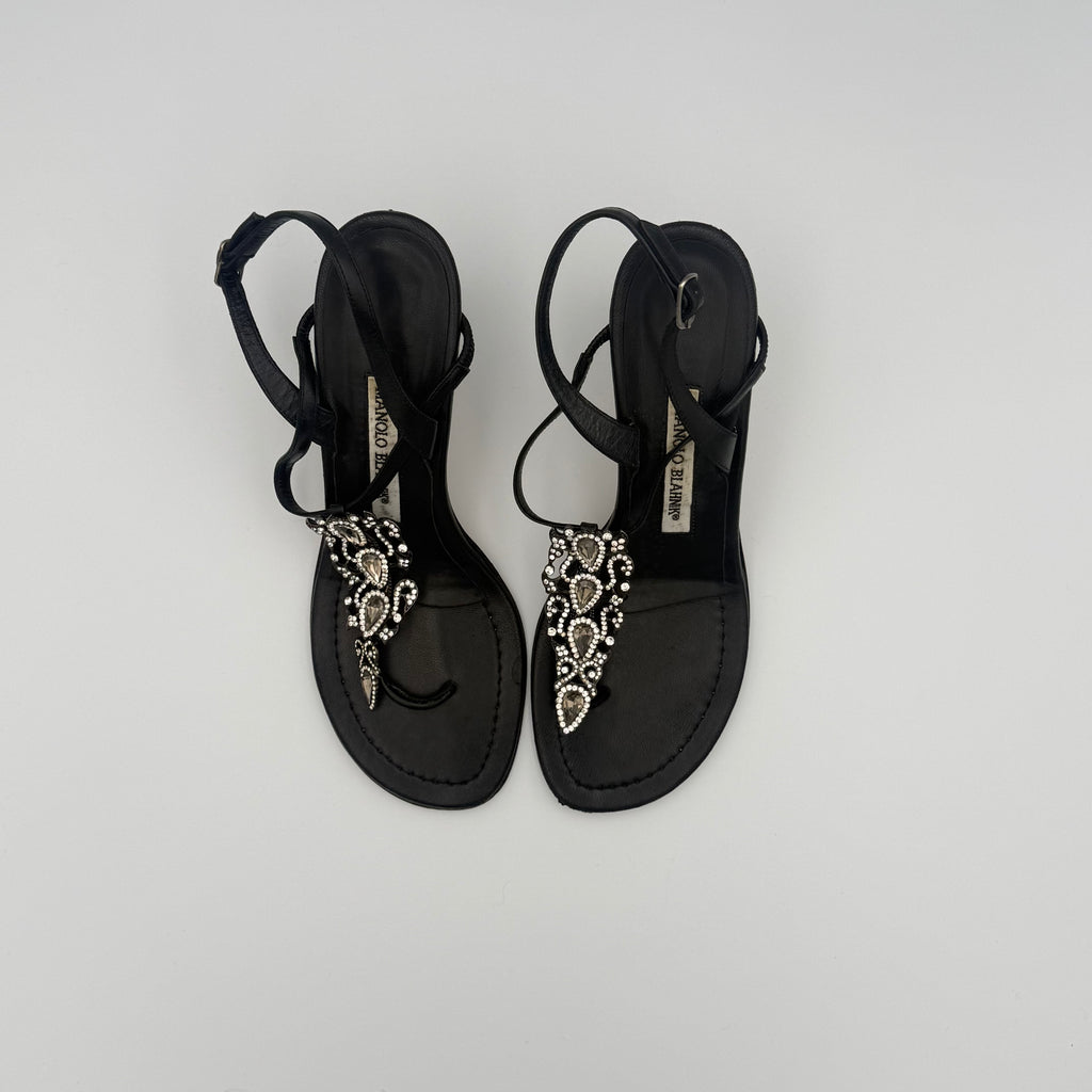 Manolo Blahnik Jewel Strappy Black Leather Sandal