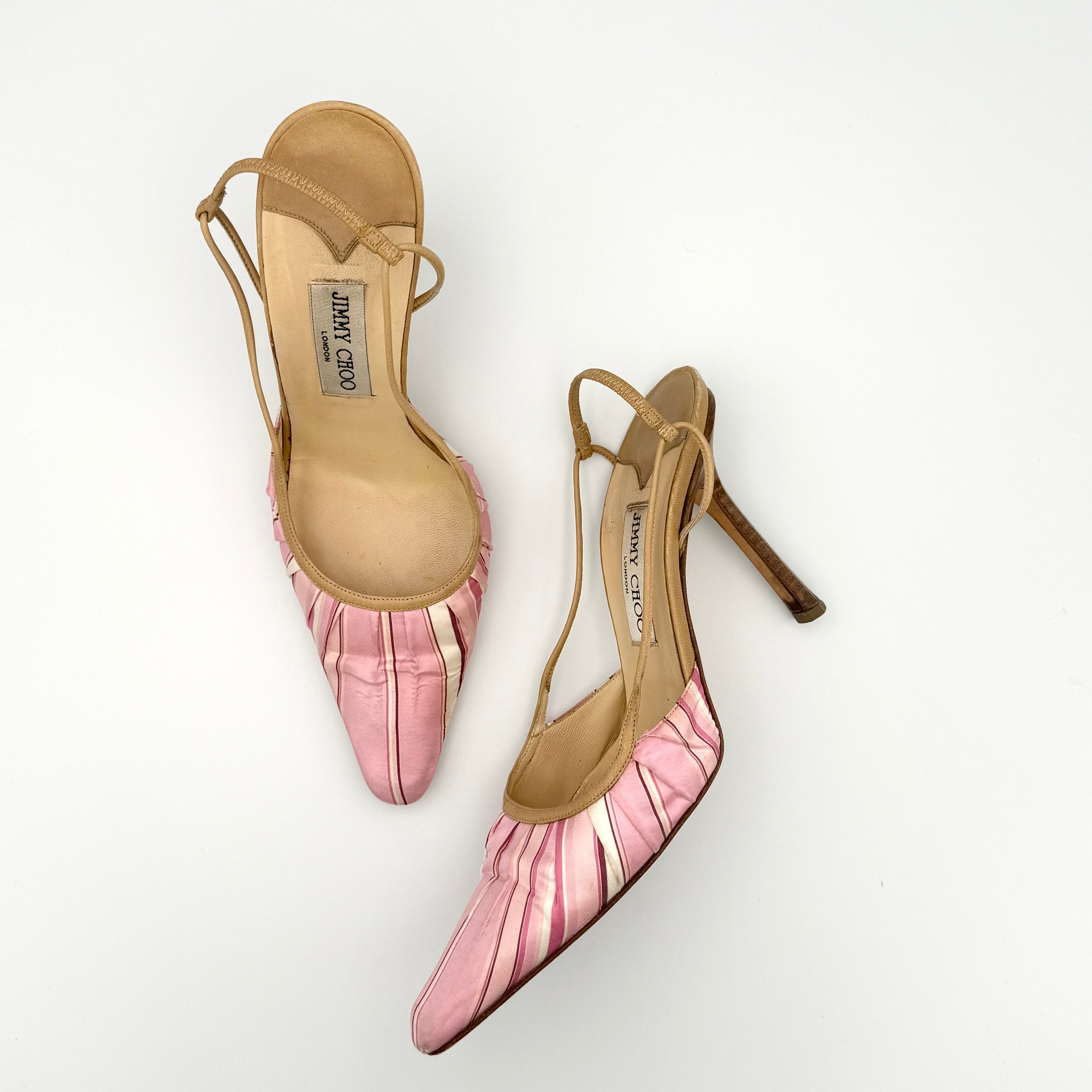 Vintage Jimmy Choo Pointed Toe Slingback Heels in Pink Satin