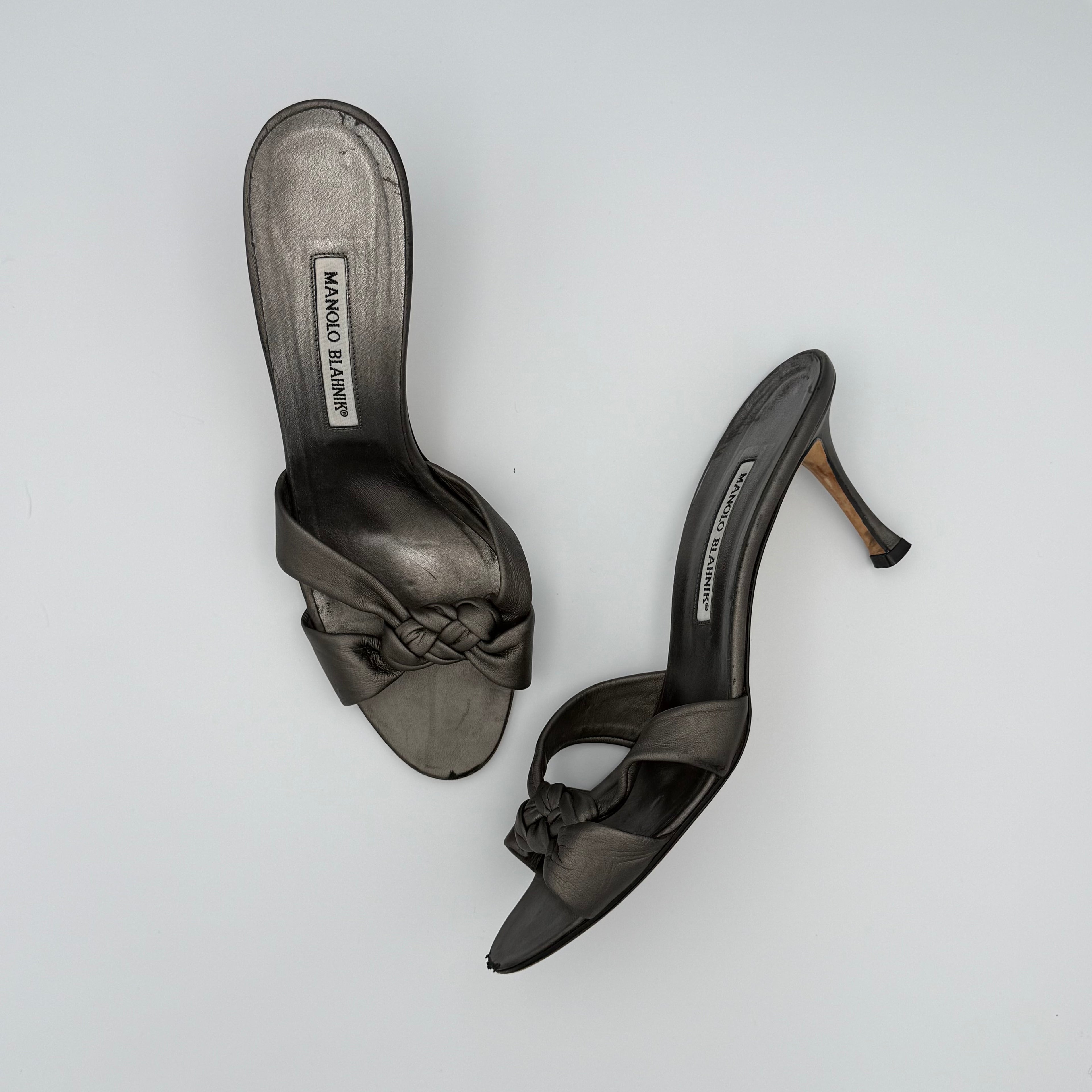 Manolo Blahnik Gunmetal Braided Twist Mule Sandals Size 40