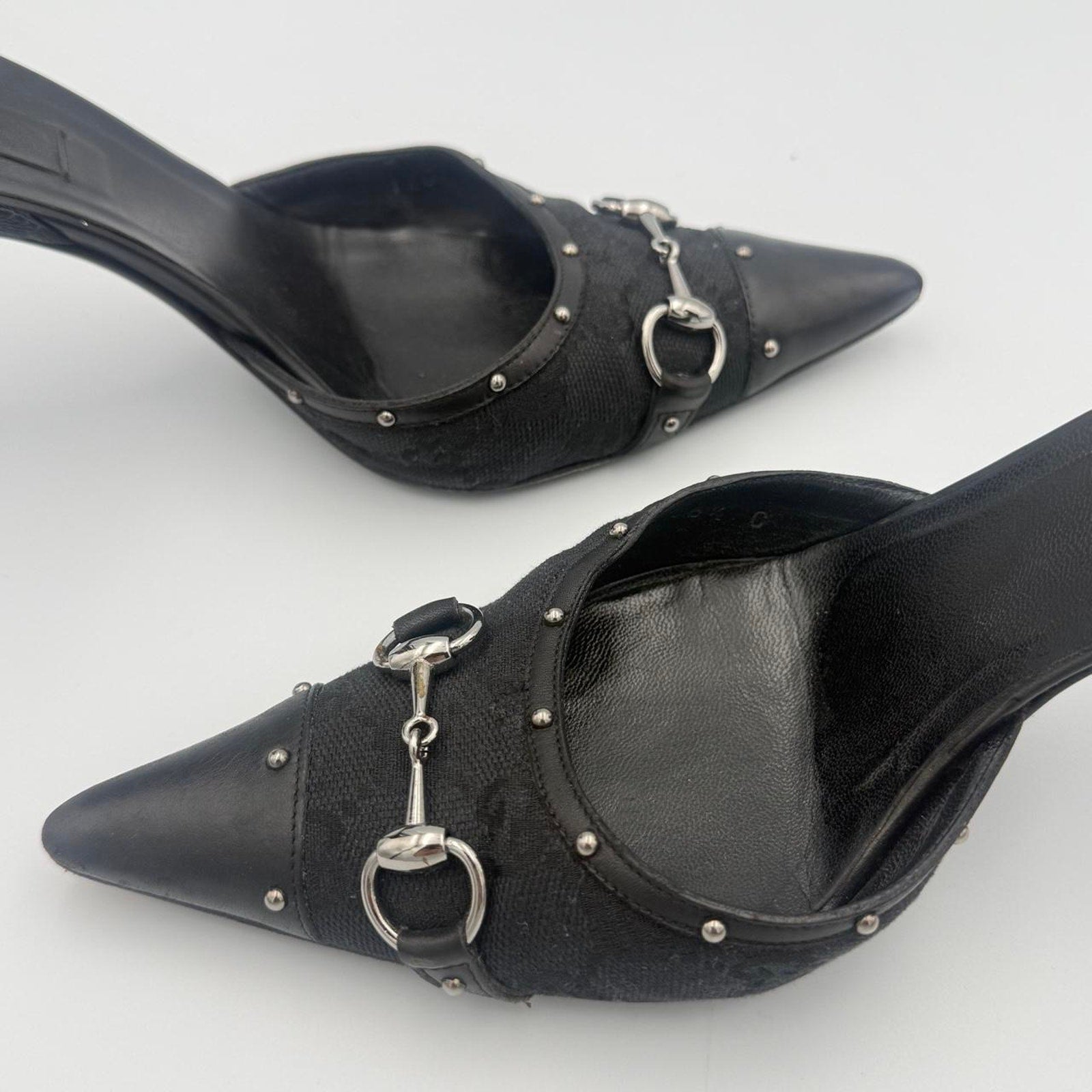 Vintage Gucci Monogram Horse bit Heels with Black Leather Cap Toe and Stud Detail