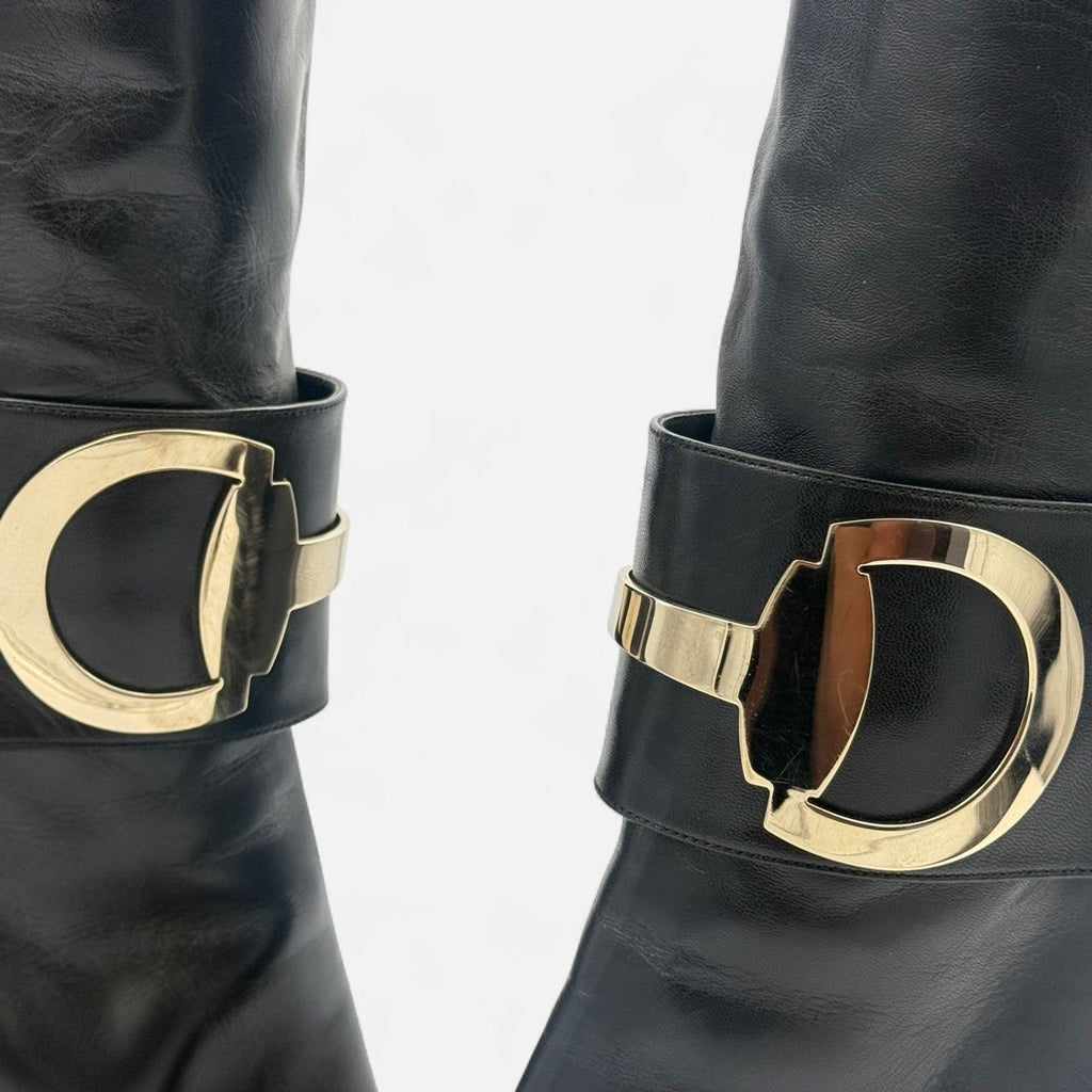 Vintage Gucci Black Leather Knee-high Boots with Horse Bit Detail