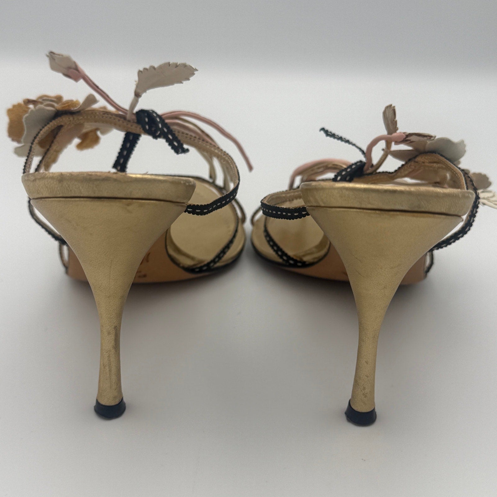 Rare Vintage Prada 2002 Flower Bouquet Gold Heels x Neiman Marcus 95th Anniversary