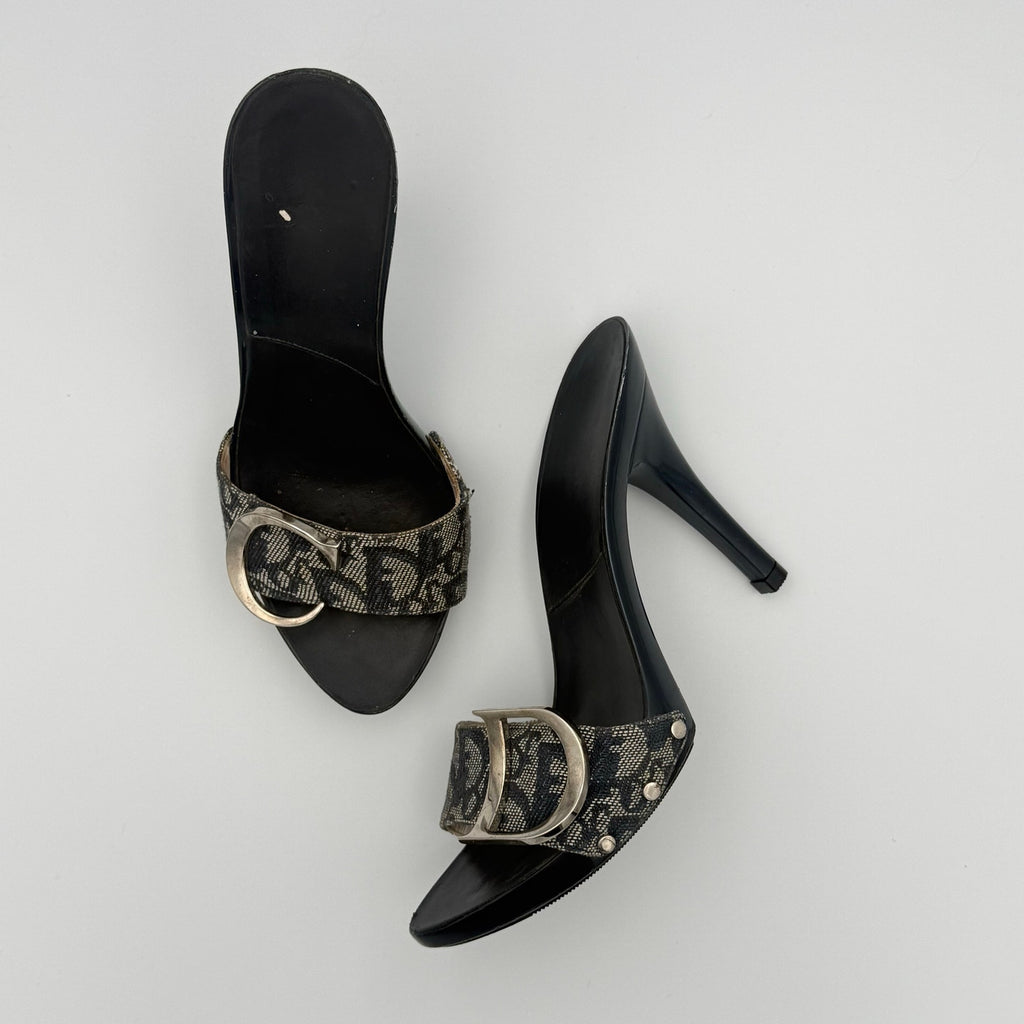 Vintage Dior by John Galliano CD Sandal Mule Heels in Navy Monogram Canvas