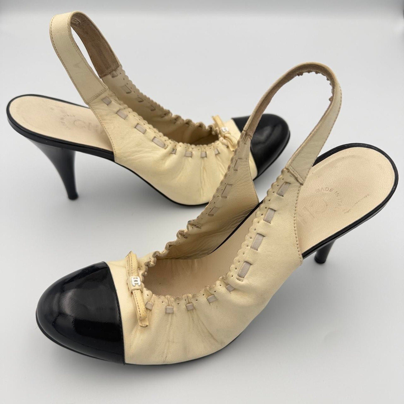 Vintage Chanel Ballet Flat Slingback Heels with Cap Toe in Cream & Black Leather and Interlocking CC Logo Bow