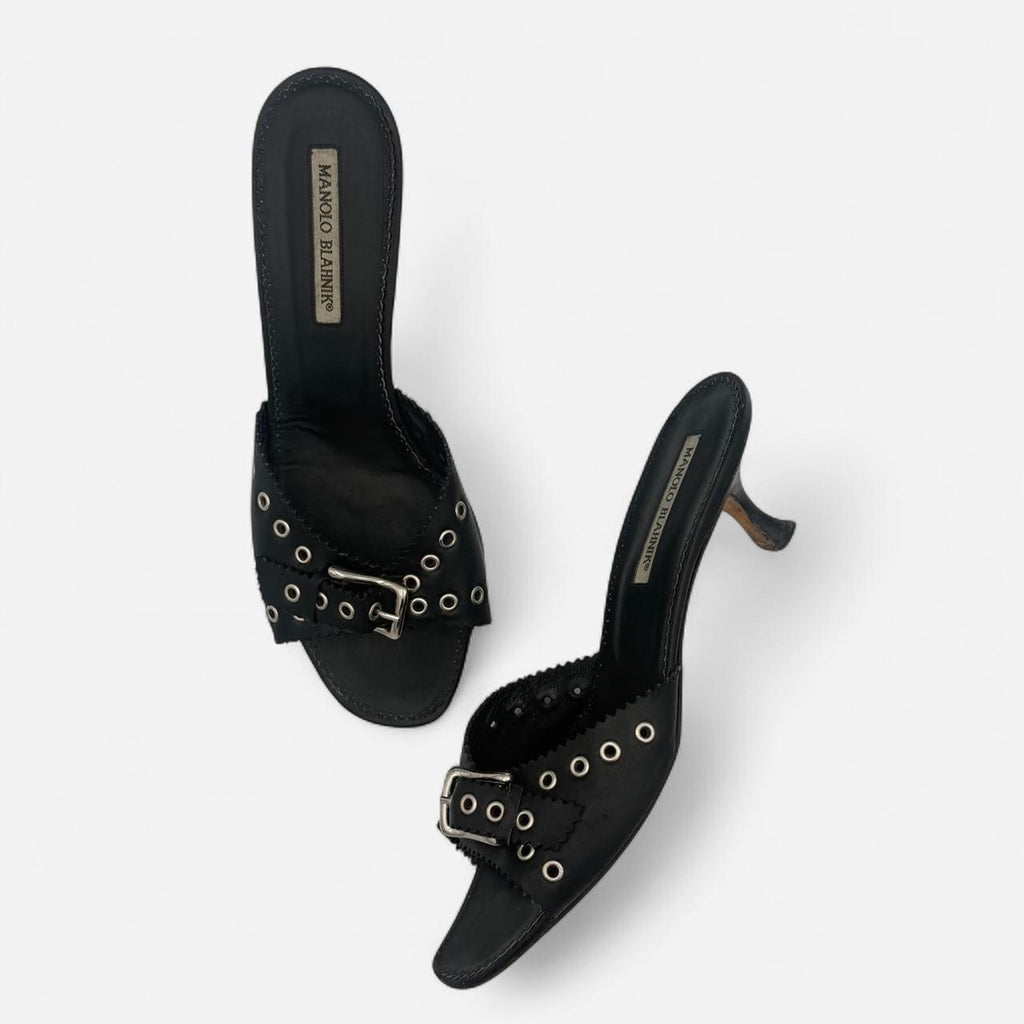 Vintage Manolo Blahnik Black Leather Kitten Heel Mules with Silver Grommets