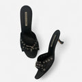 Vintage Manolo Blahnik Black Leather Kitten Heel Mules with Silver Grommets