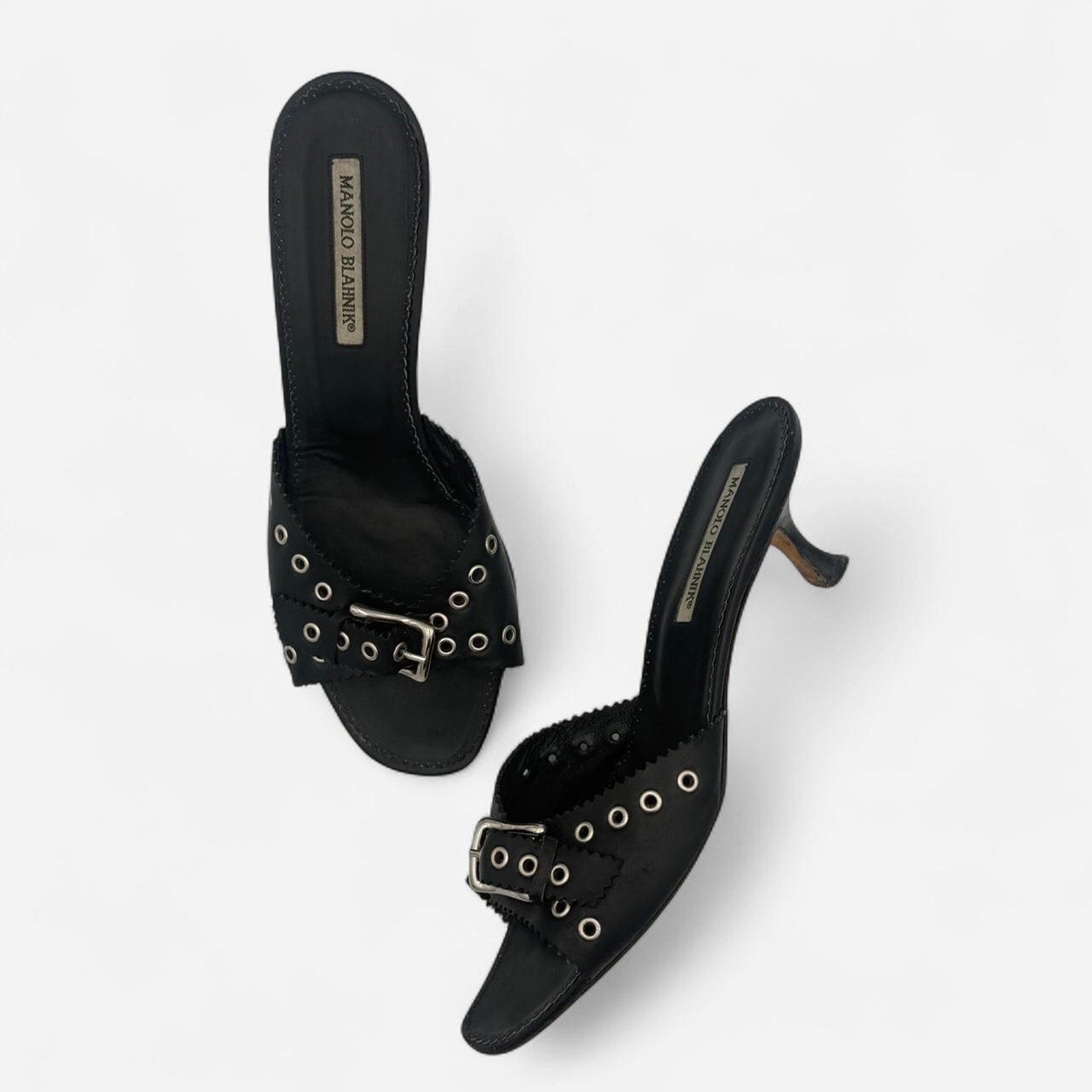 Vintage Manolo Blahnik Black Leather Kitten Heel Mules with Silver Grommets