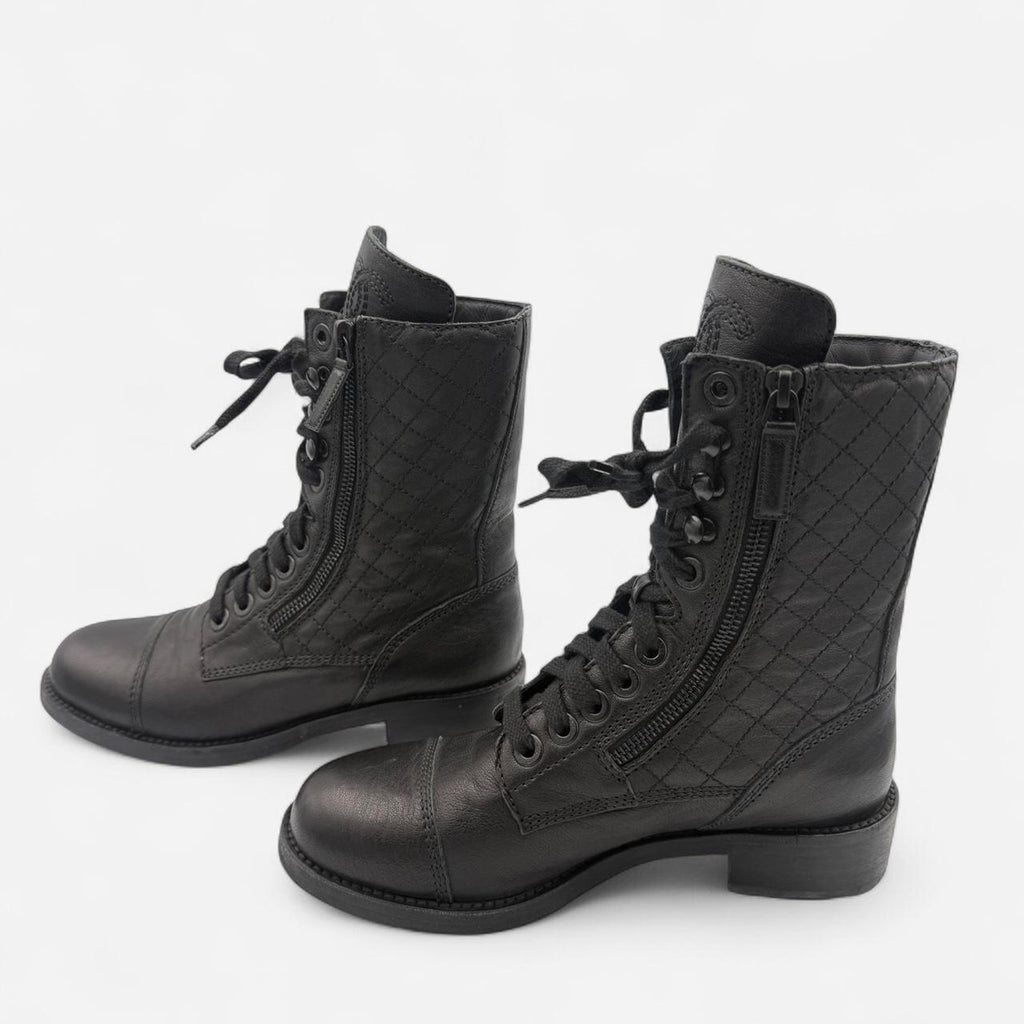 Chanel Quilted Leather CC Combat Boots in Black Lambskin