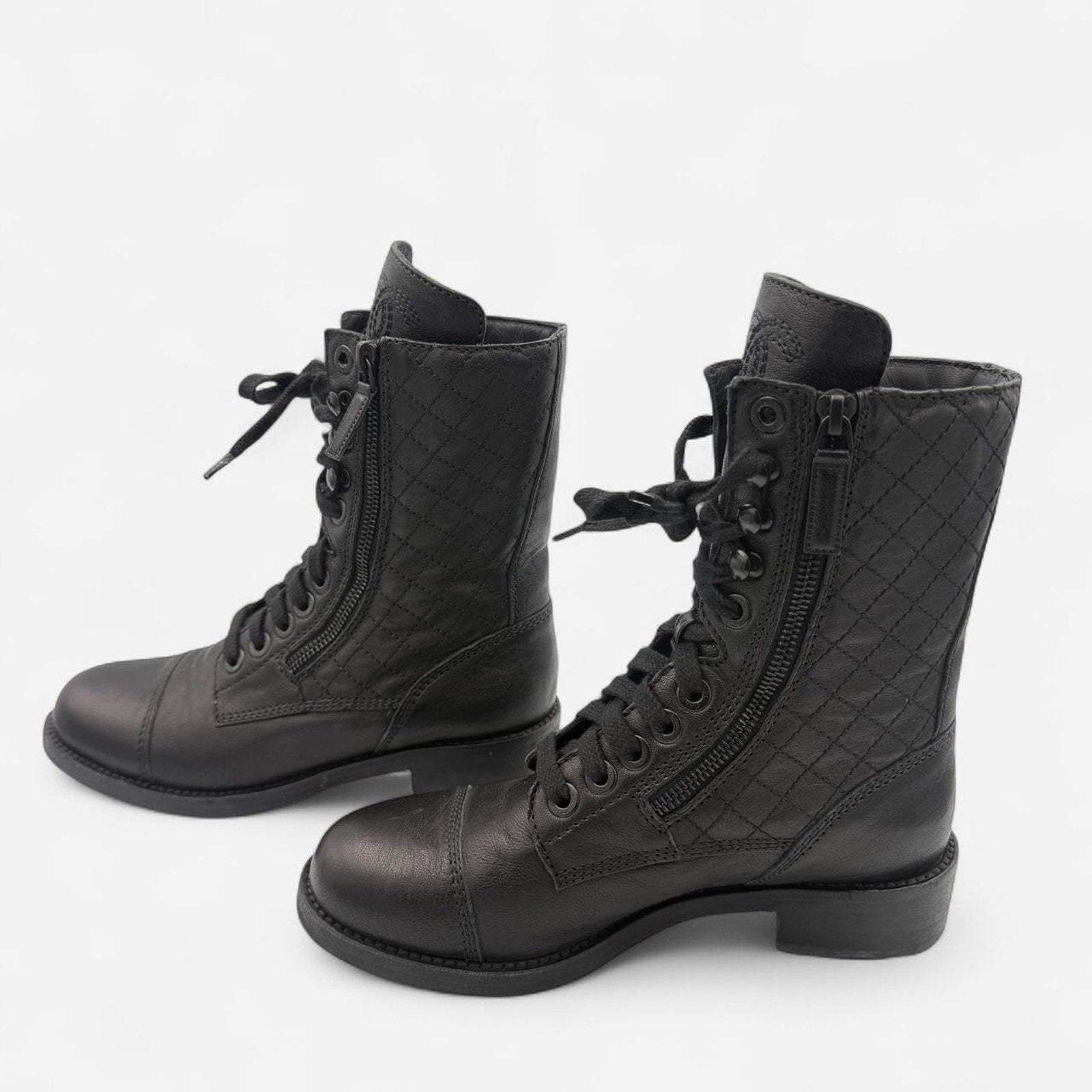 Chanel Quilted Leather CC Combat Boots in Black Lambskin