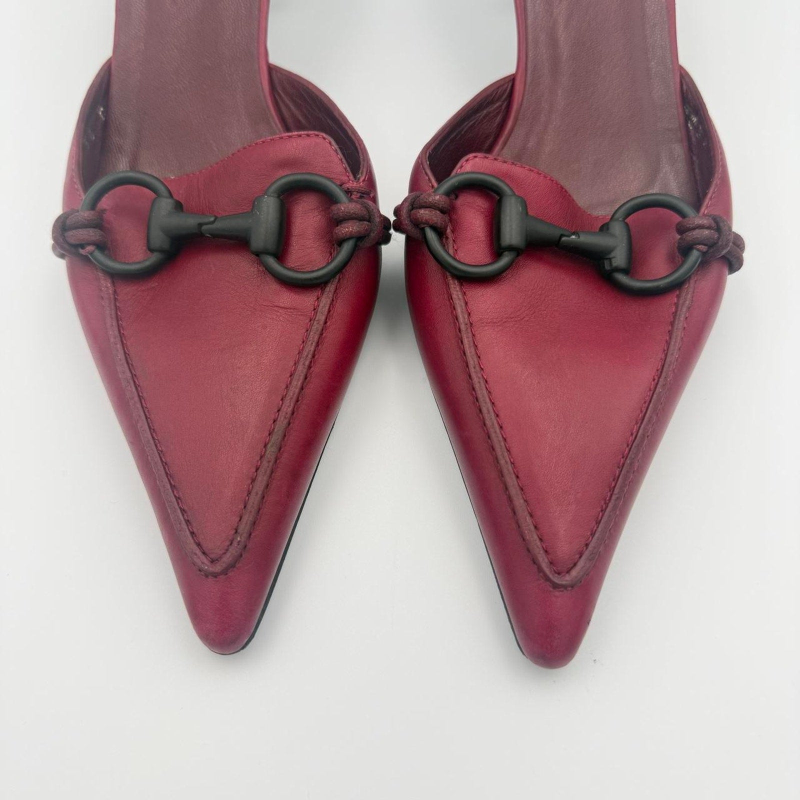 Vintage Gucci Pointed Toe Mules in Burgundy Leather with a Rare Black Horse Bit