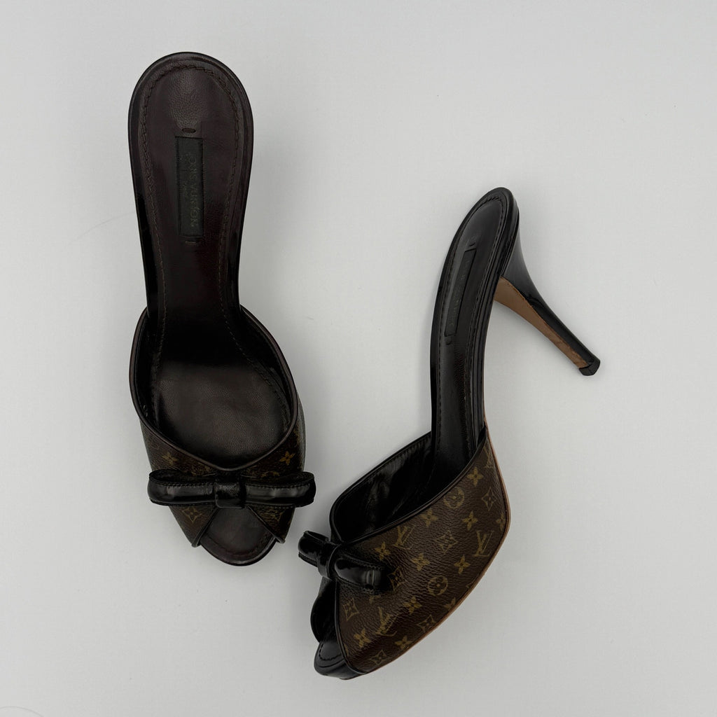 Vintage Louis Vuitton Monogram Canvas Malibu Slide Mule Heels with Bow Detail