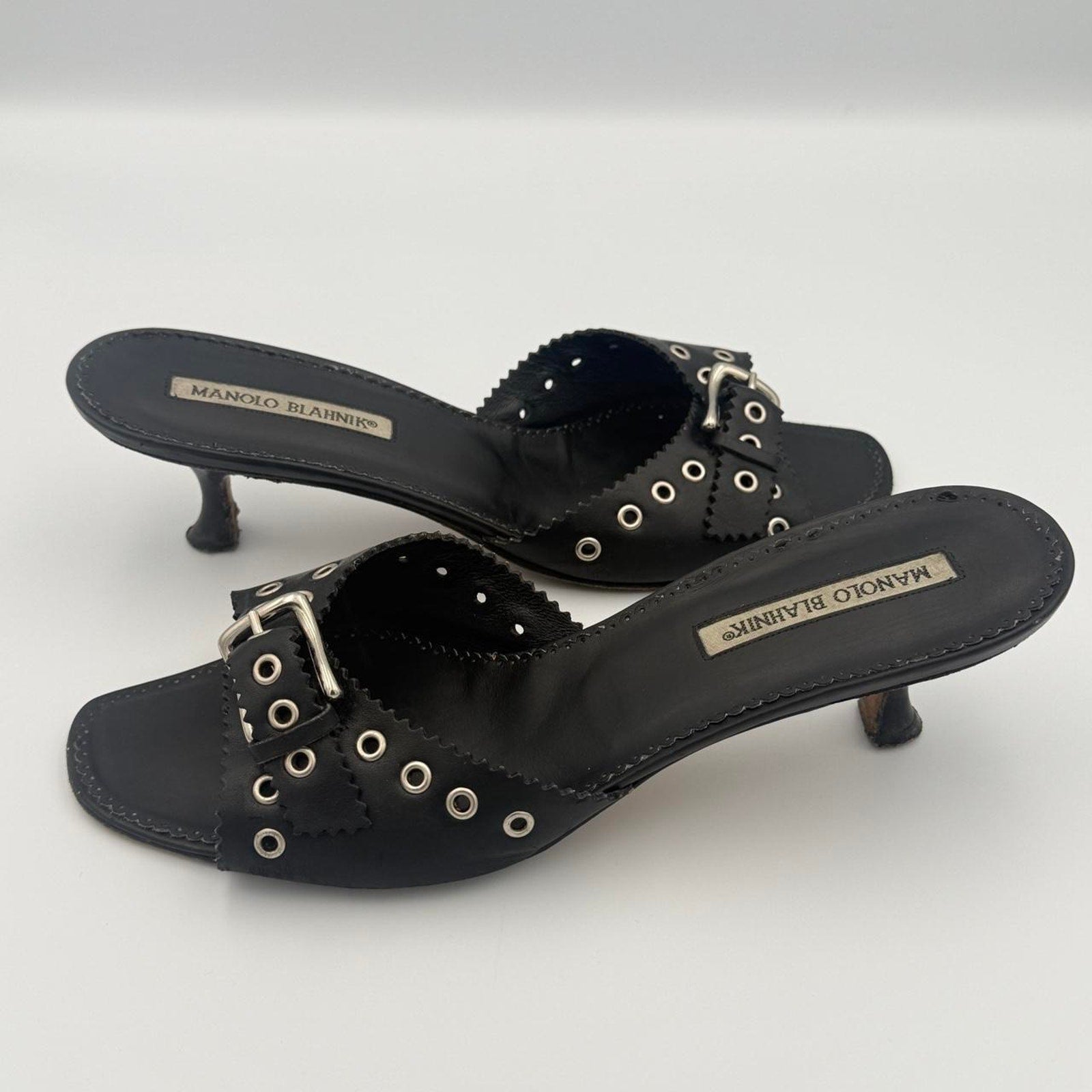 Vintage Manolo Blahnik Black Leather Kitten Heel Mules with Silver Grommets