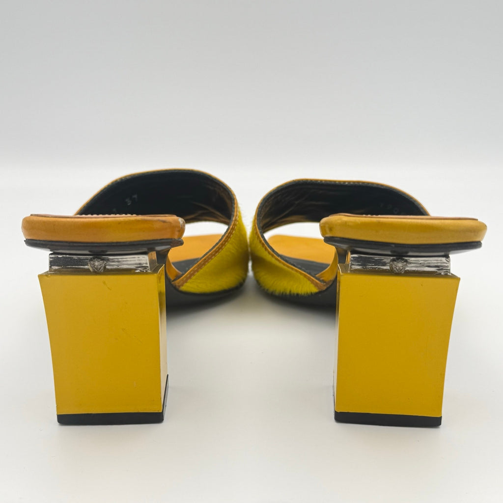 Rare Vintage Gianni Versace Mule Sandals in Yellow Calf Hair and Orange Leather
