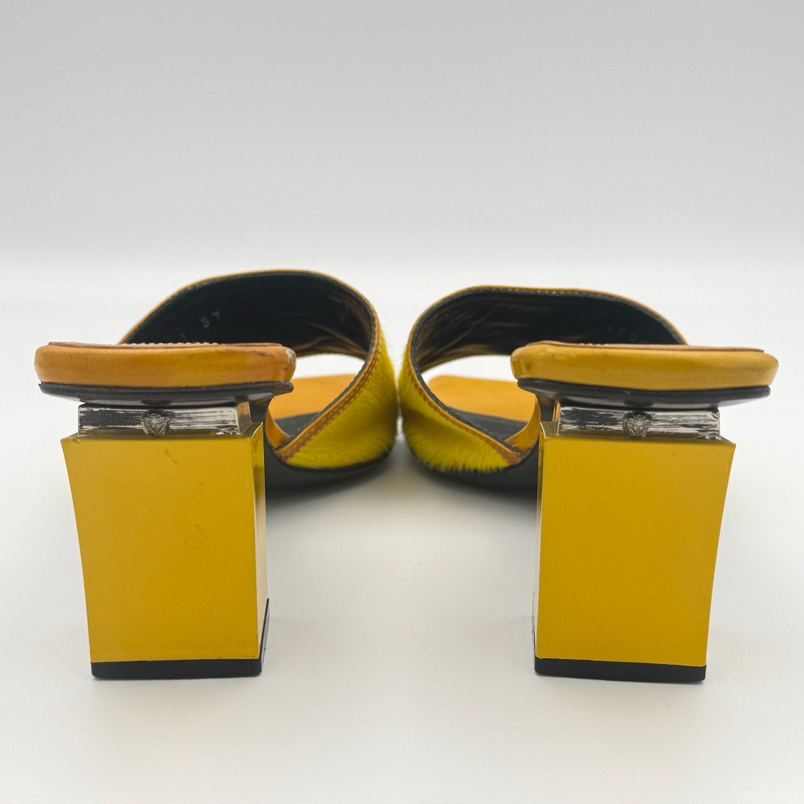 Rare Vintage Gianni Versace Mule Sandals in Yellow Calf Hair and Orange Leather