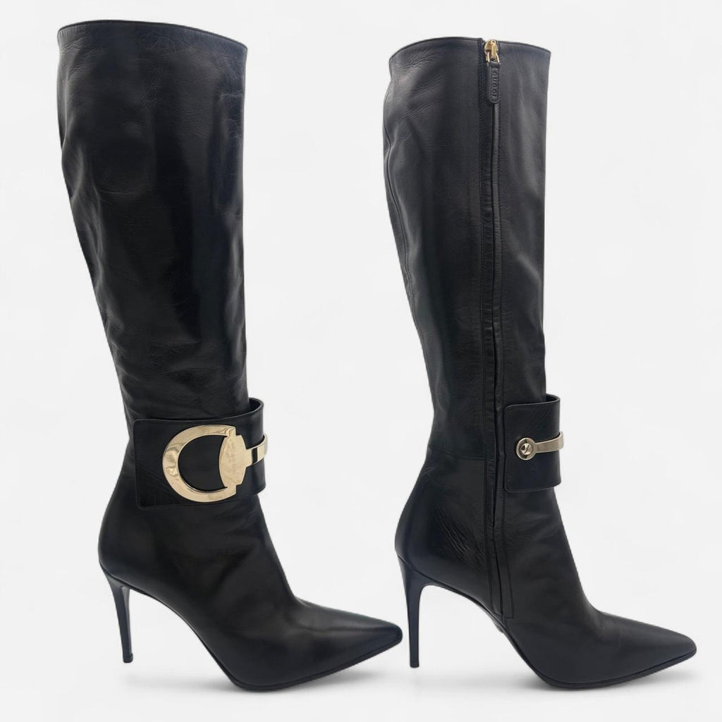 Vintage Gucci Black Leather Knee-high Boots with Horse Bit Detail