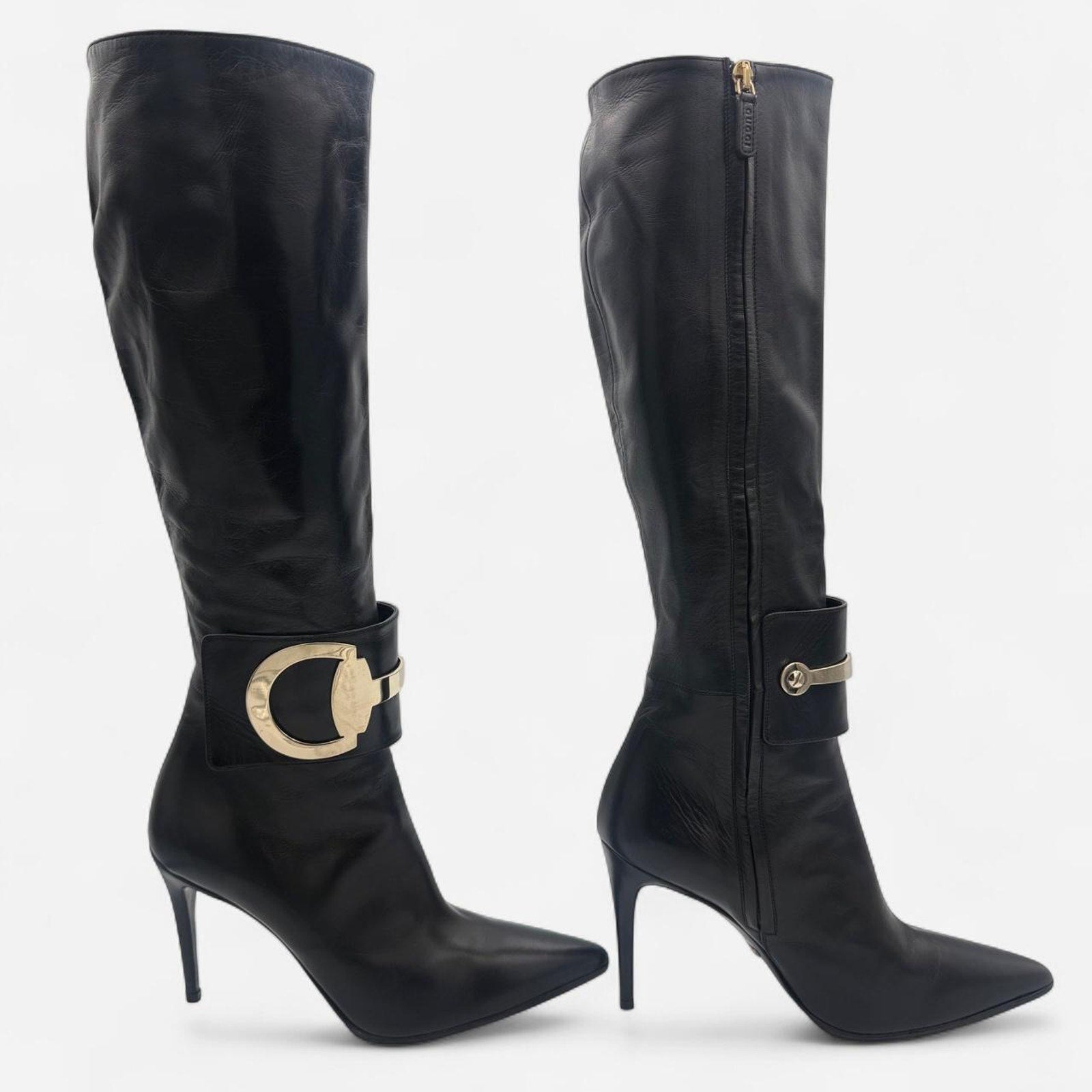 Vintage Gucci Black Leather Knee-high Boots with Horse Bit Detail