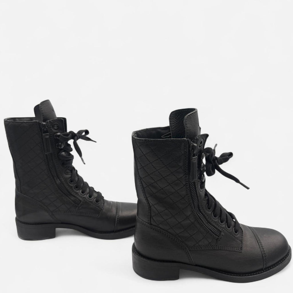 Chanel Quilted Leather CC Combat Boots in Black Lambskin