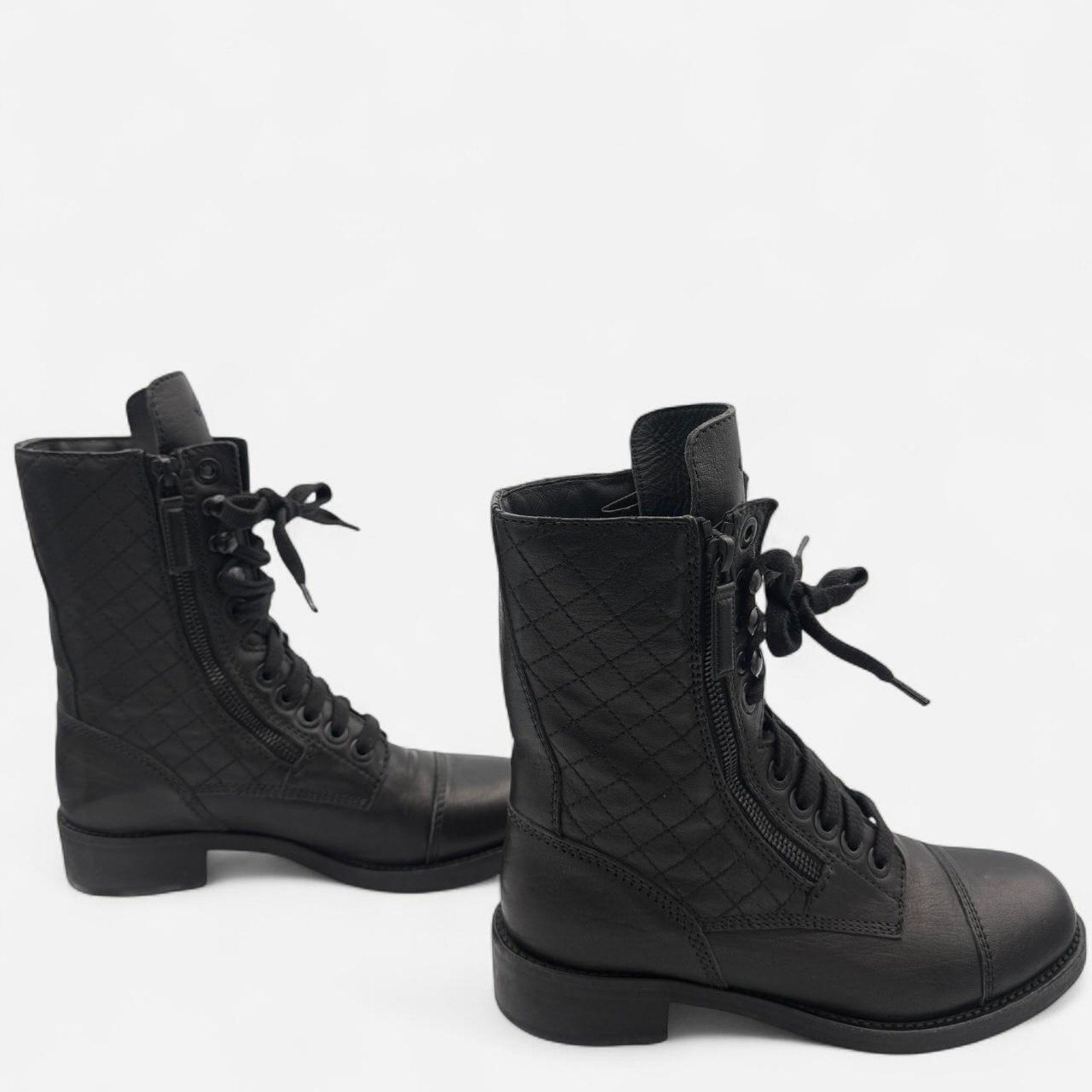Chanel Quilted Leather CC Combat Boots in Black Lambskin