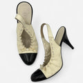 Vintage Chanel Ballet Flat Slingback Heels with Cap Toe in Cream & Black Leather and Interlocking CC Logo Bow