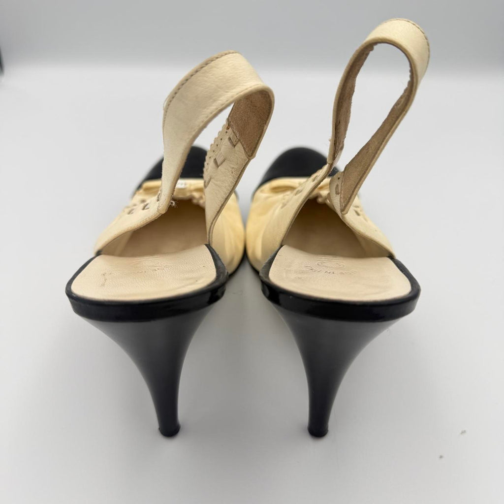 Vintage Chanel Ballet Flat Slingback Heels with Cap Toe in Cream & Black Leather and Interlocking CC Logo Bow