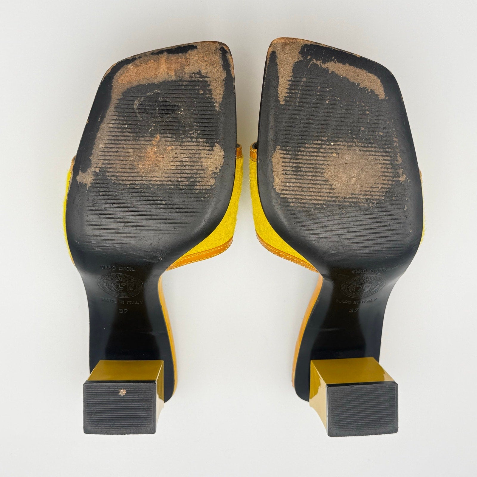 Rare Vintage Gianni Versace Mule Sandals in Yellow Calf Hair and Orange Leather