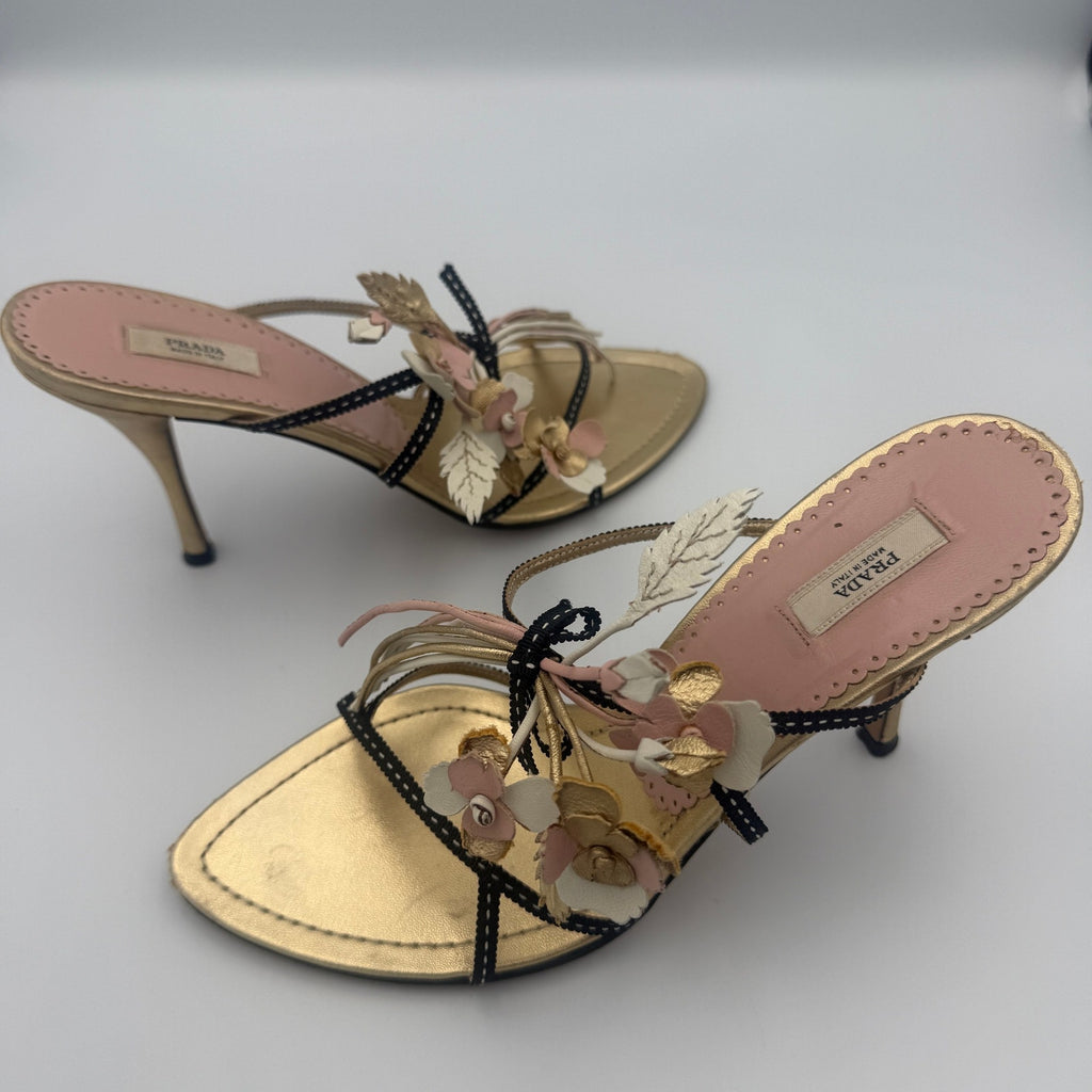 Rare Vintage Prada 2002 Flower Bouquet Gold Heels x Neiman Marcus 95th Anniversary
