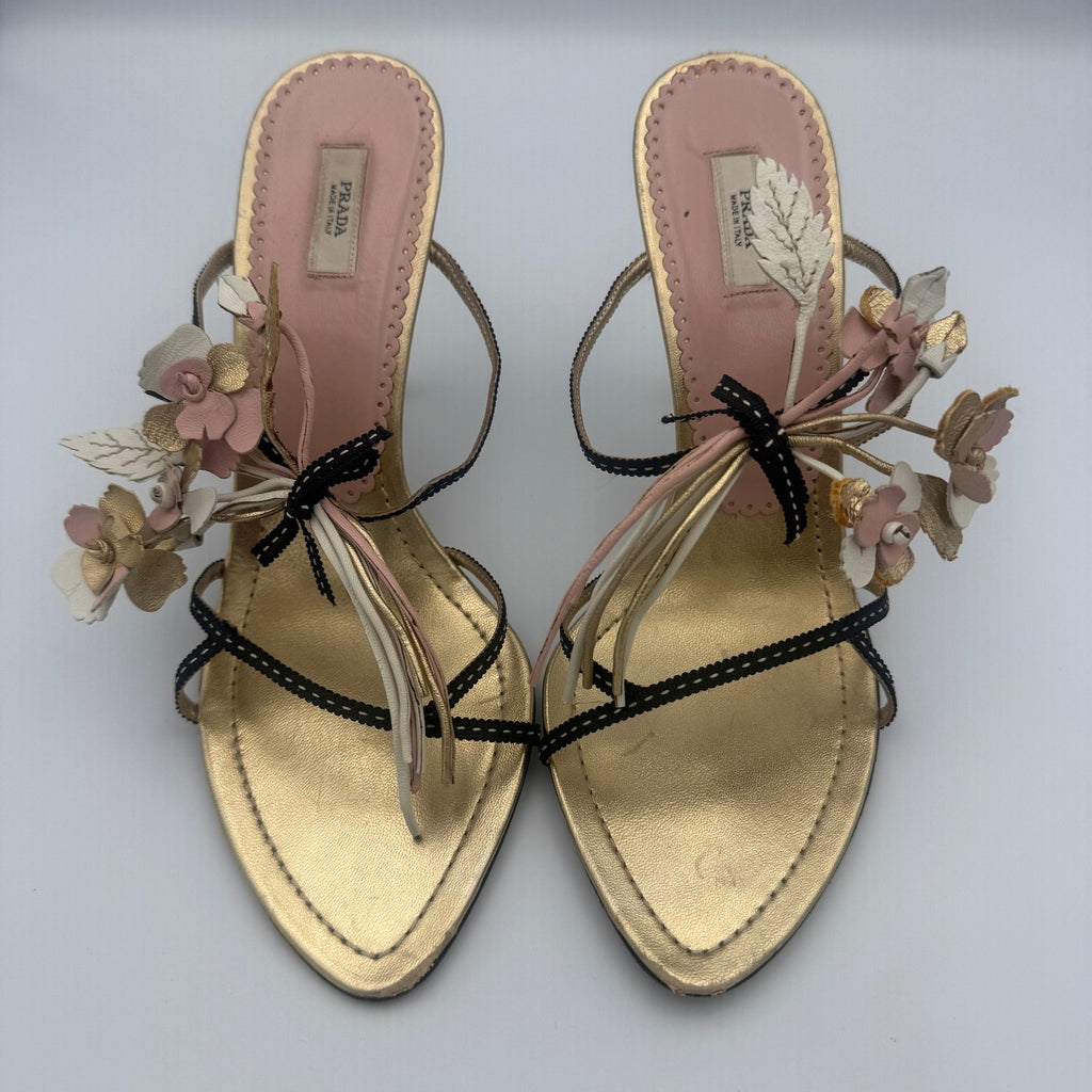 Rare Vintage Prada 2002 Flower Bouquet Gold Heels x Neiman Marcus 95th Anniversary