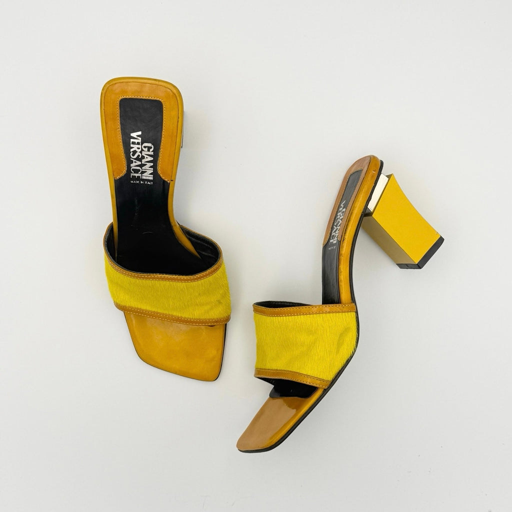 Rare Vintage Gianni Versace Mule Sandals in Yellow Calf Hair and Orange Leather